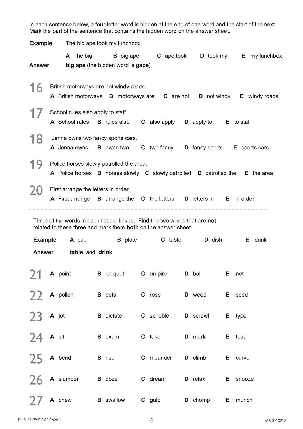 A page of multiple-choice verbal reasoning questions where children find hidden words and identify unrelated word groups