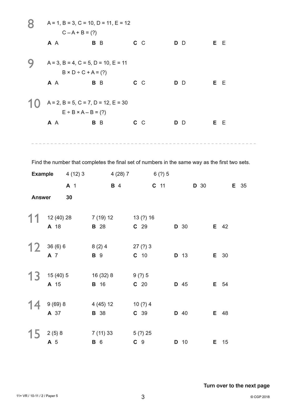 Six multiple-choice questions on number patterns and substitution, with answers provided on the next page