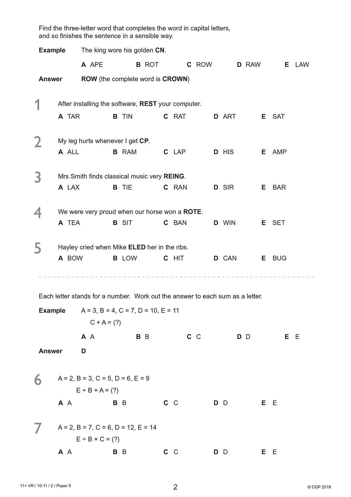 Two verbal reasoning exercises involving word completion and letter-to-number substitution, with multiple-choice answers