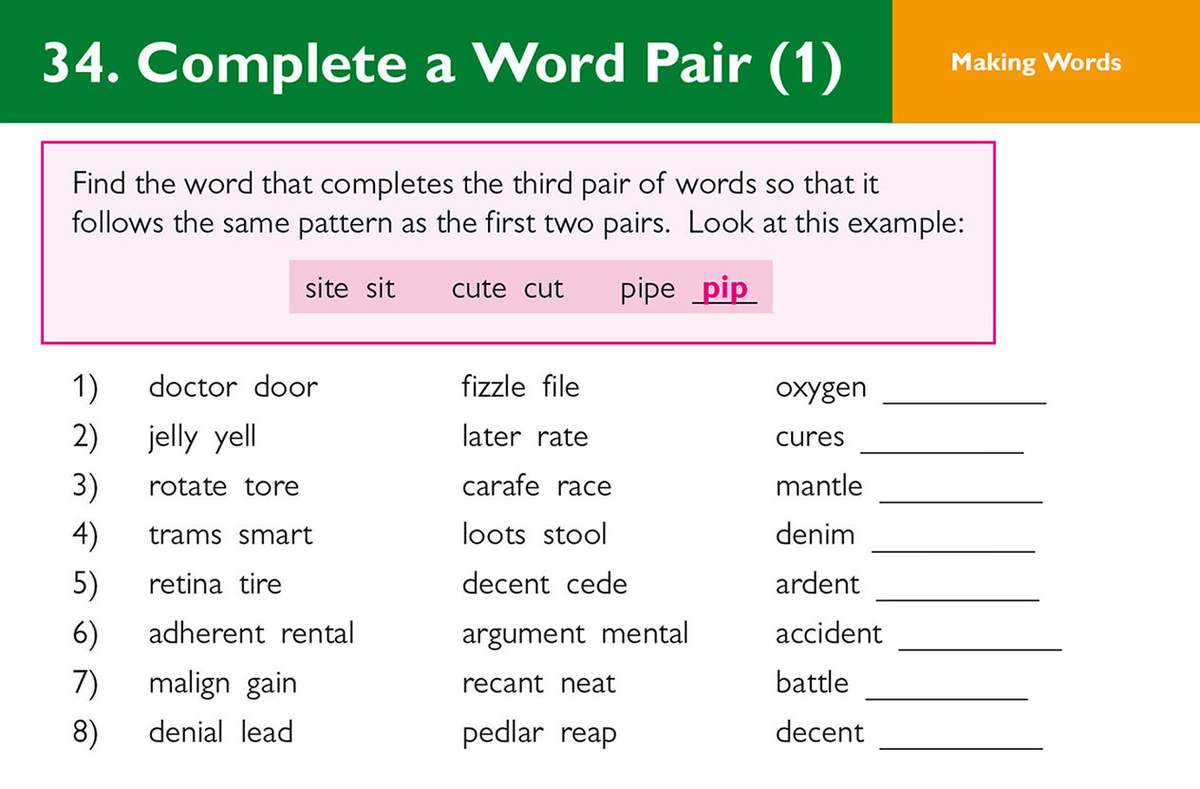 Eight word pairs challenge children to find the missing word that completes the pattern