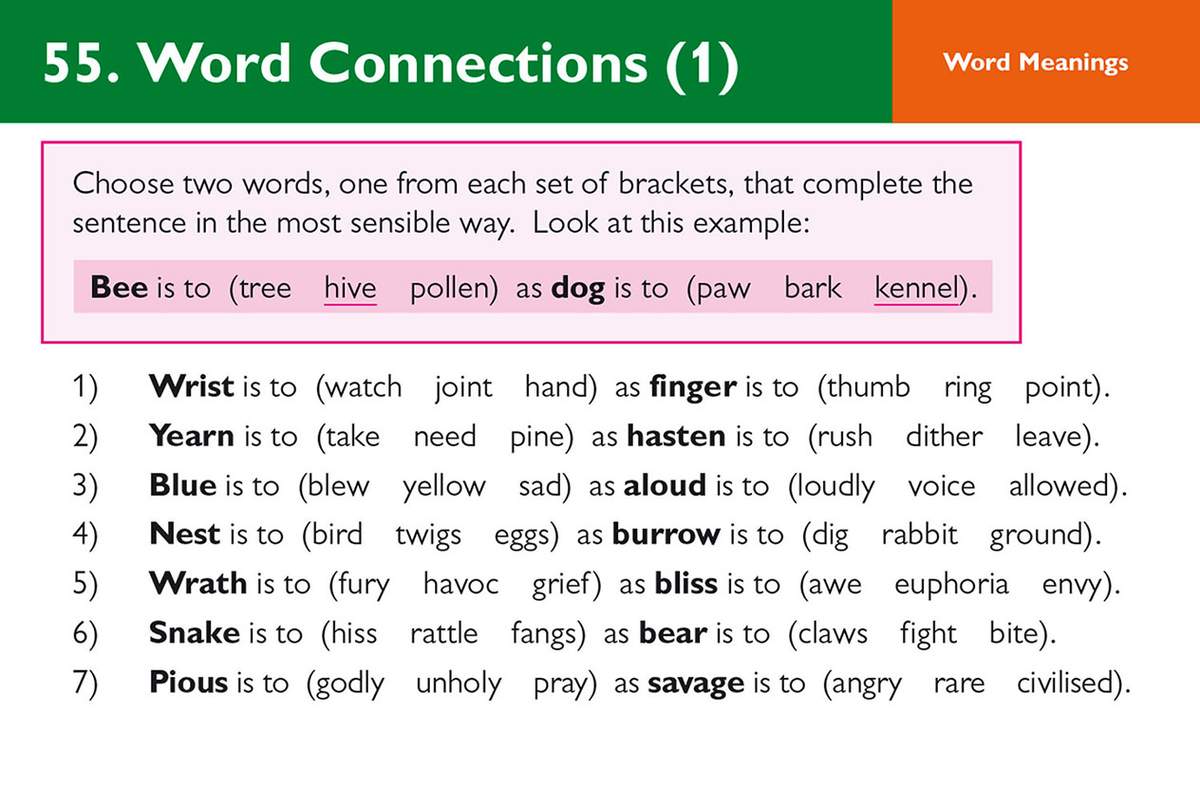 Seven verbal reasoning questions where children choose words from brackets to complete analogy sentences