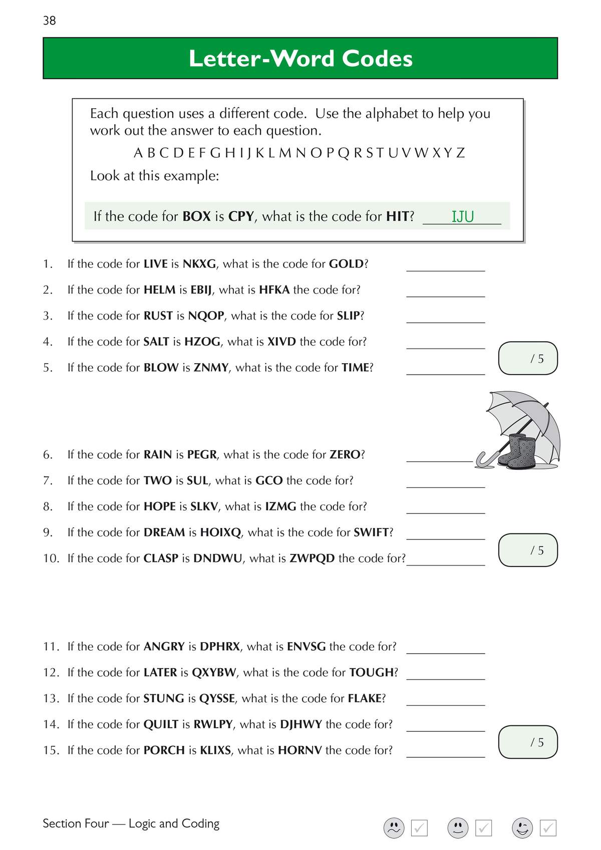Fifteen letter-word code puzzles where children decode words using a substitution cipher