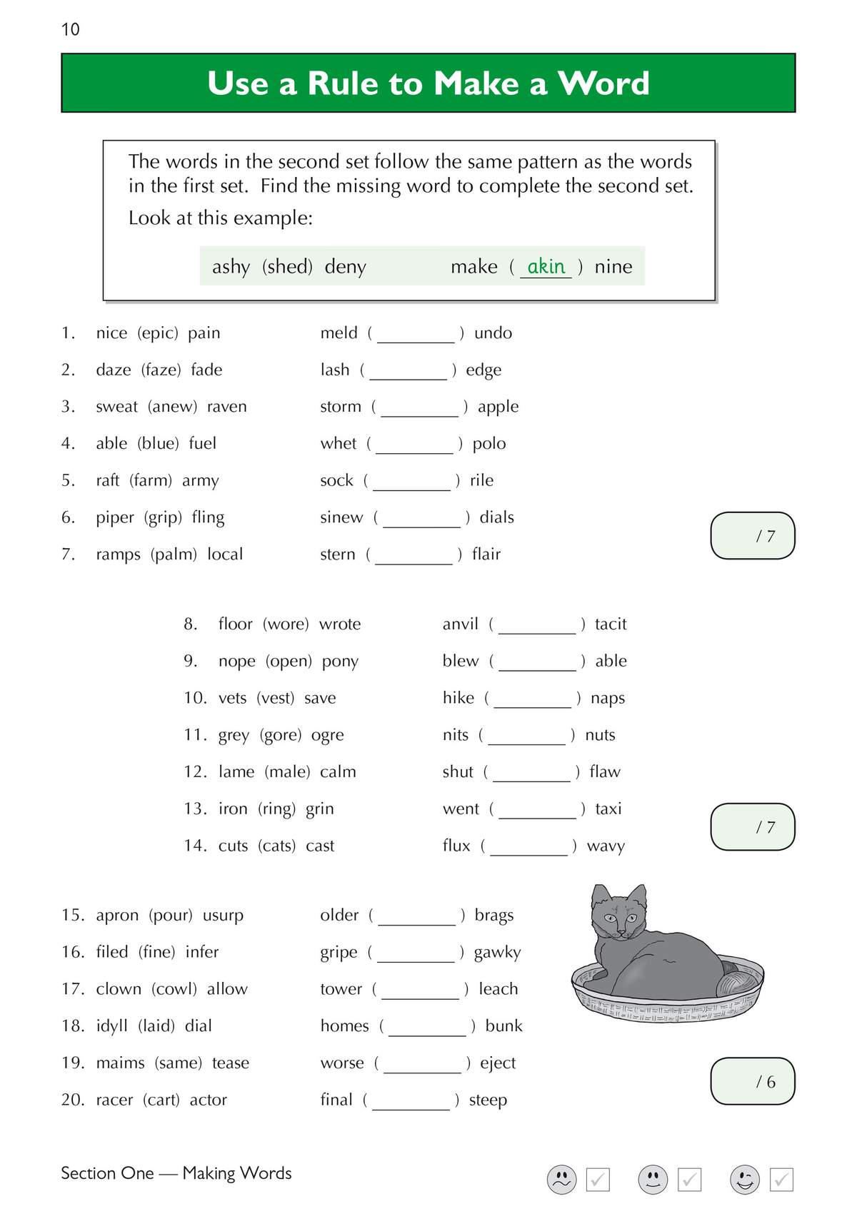 Children find missing letters in word pairs to complete patterns, with a cat illustration and self-assessment boxes