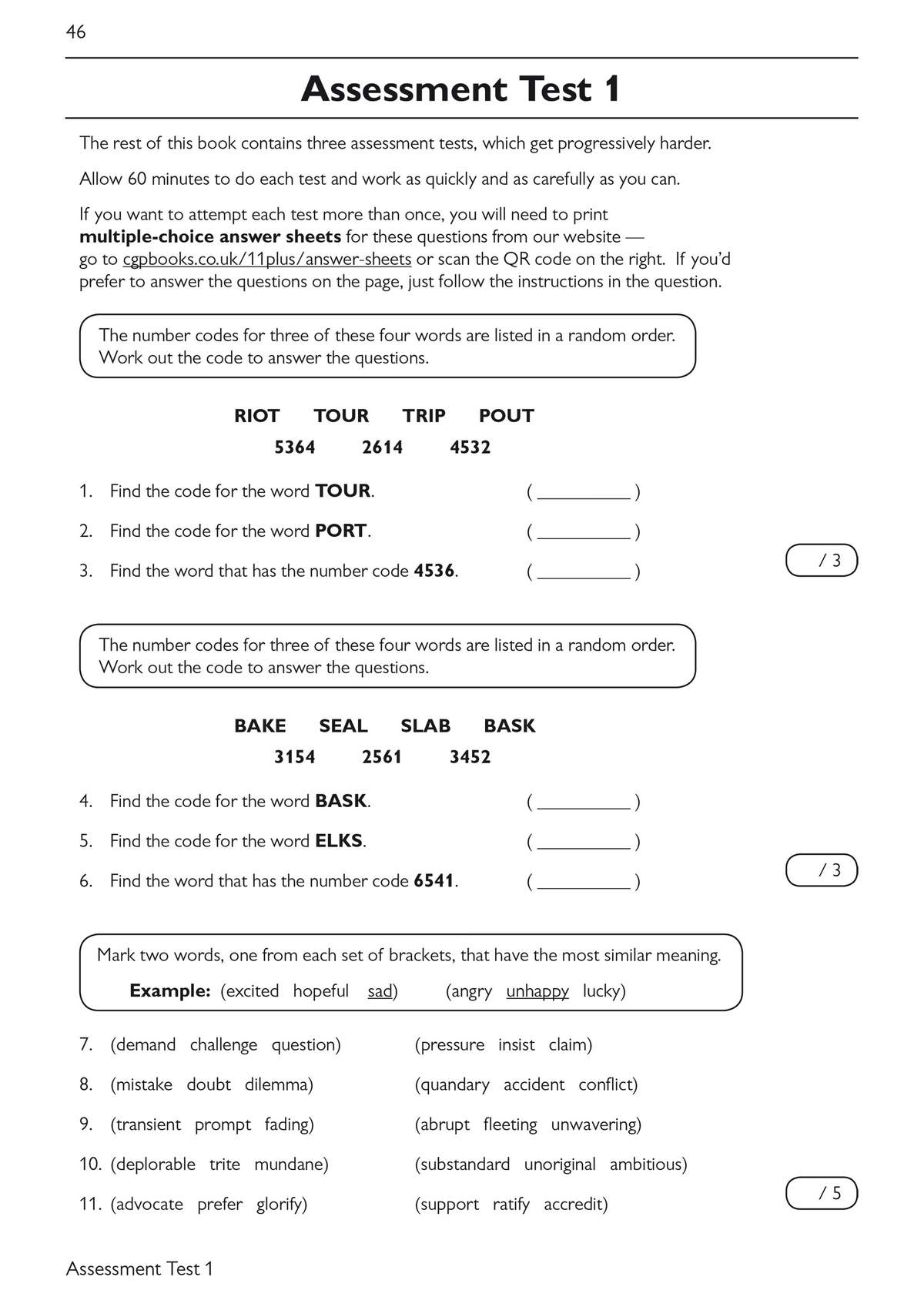 A verbal reasoning test with code-breaking and synonym matching questions for Year 6 students
