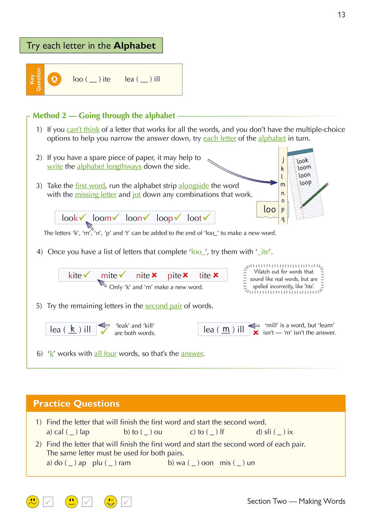 Children work through a method to find missing letters in word pairs, then complete practice questions using the same