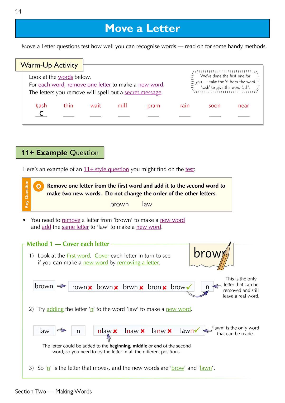 A worked example shows how to move a letter to make two new words, with step-by-step guidance and a visual diagram
