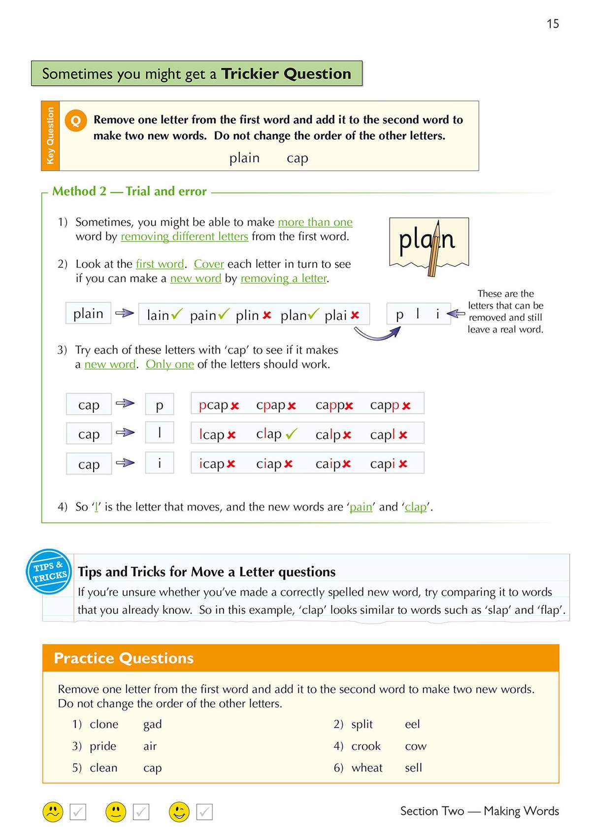 A worked example shows how to move a letter to make new words, followed by six practice questions for the child to solve