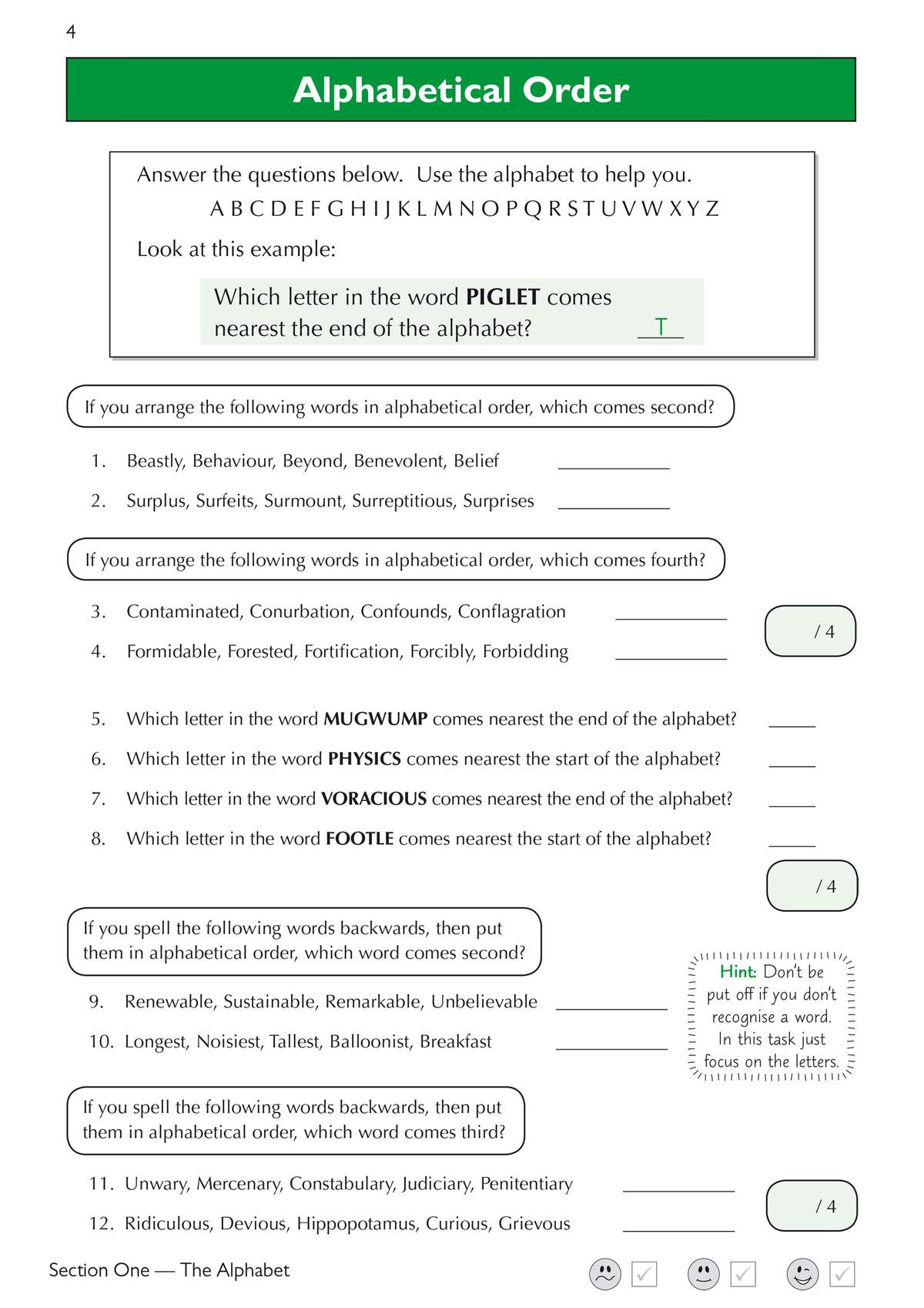 Twelve questions on alphabetical order, including arranging words and identifying letters