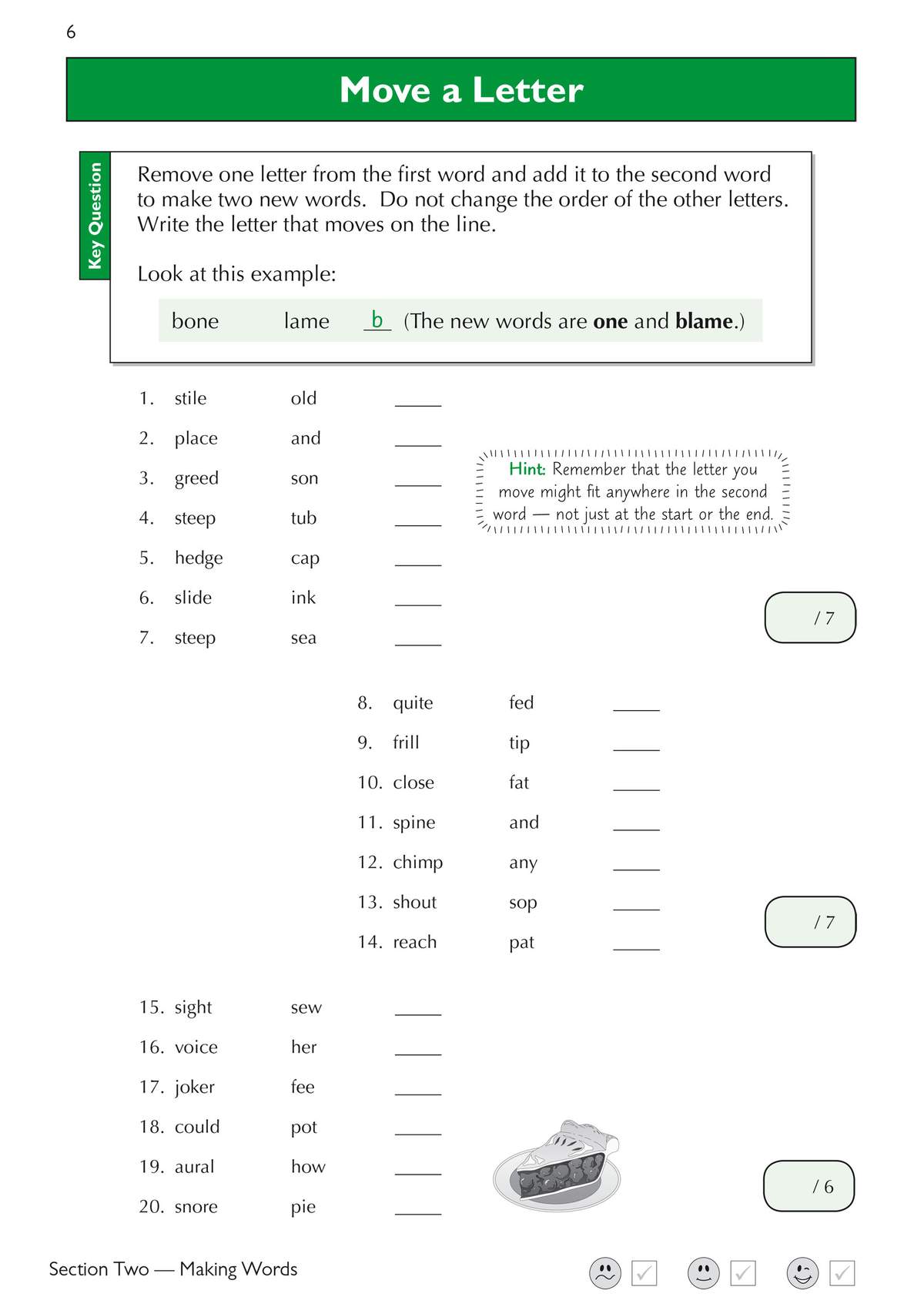 Children remove a letter from one word and add it to another to make two new words, writing the moved letter on the line