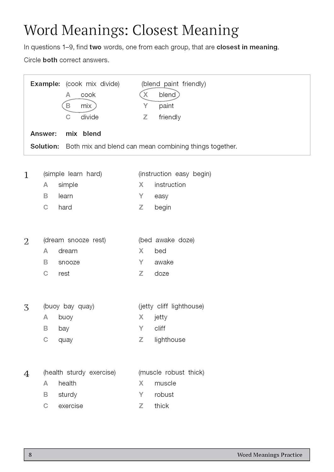 Children circle two words from each group that are closest in meaning, practising synonym recognition for the GL 11+ exam