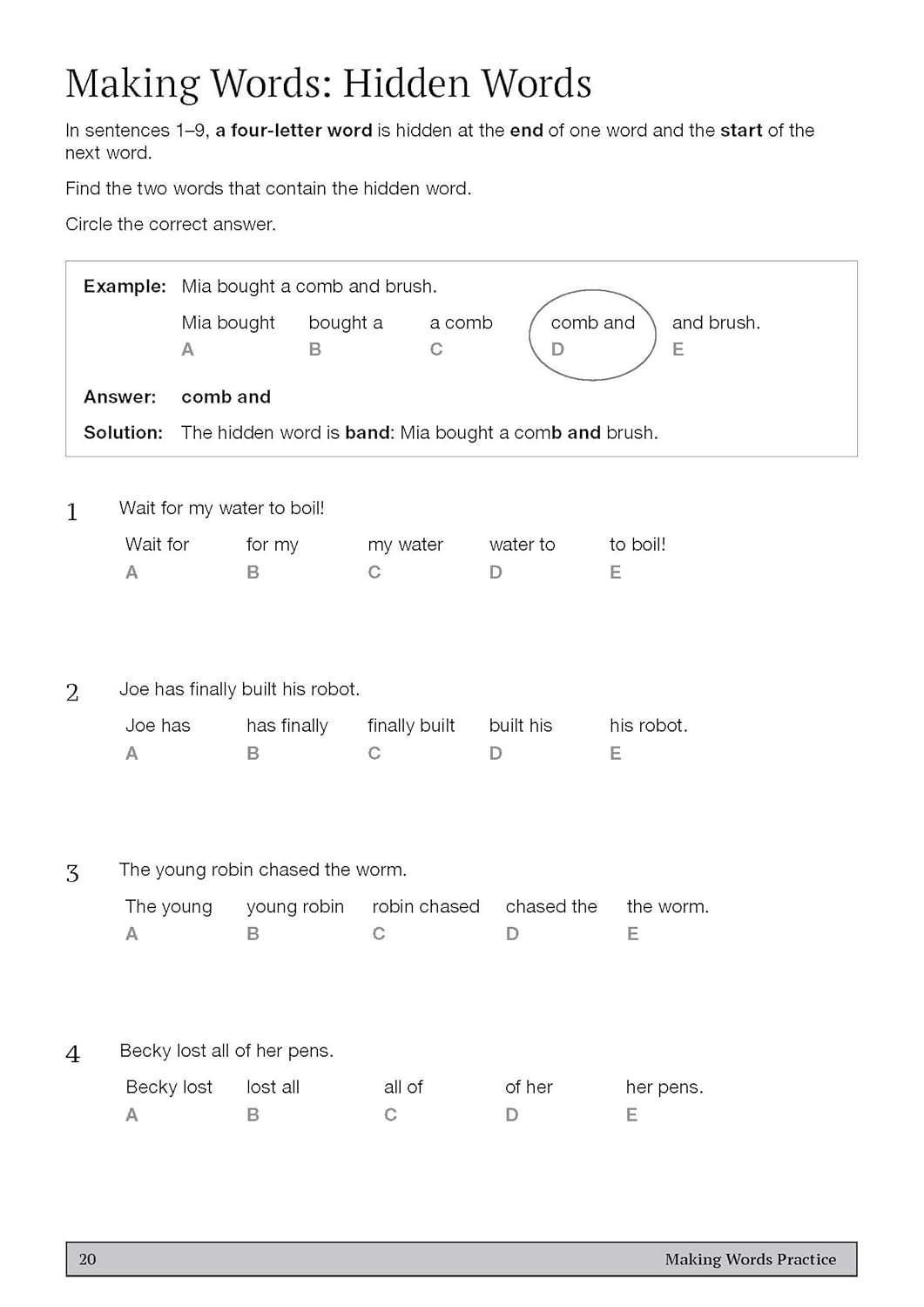 Children circle the correct phrase containing a hidden four-letter word in nine sentences
