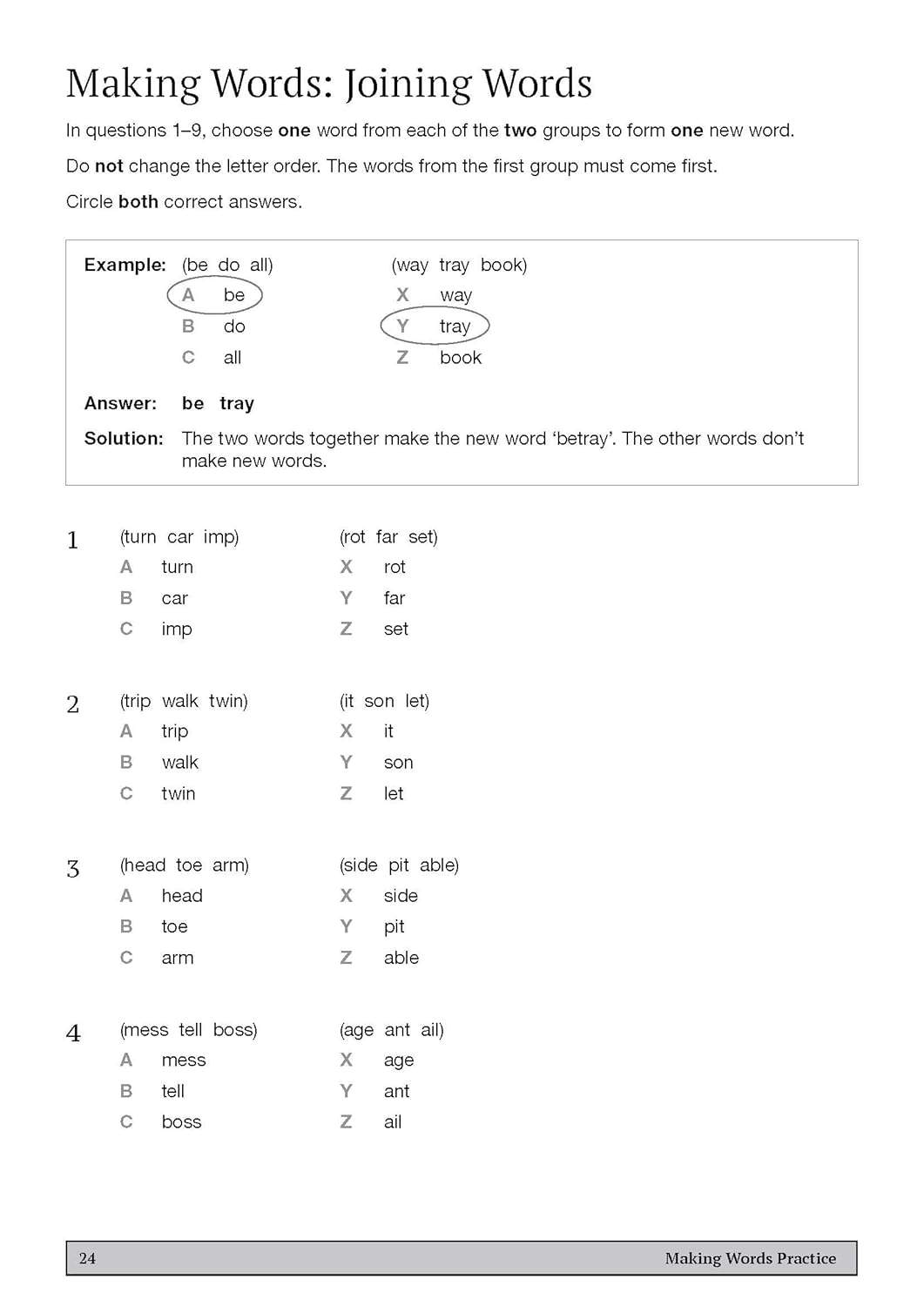 Children choose one word from each of two groups to form new words, circling the correct answers