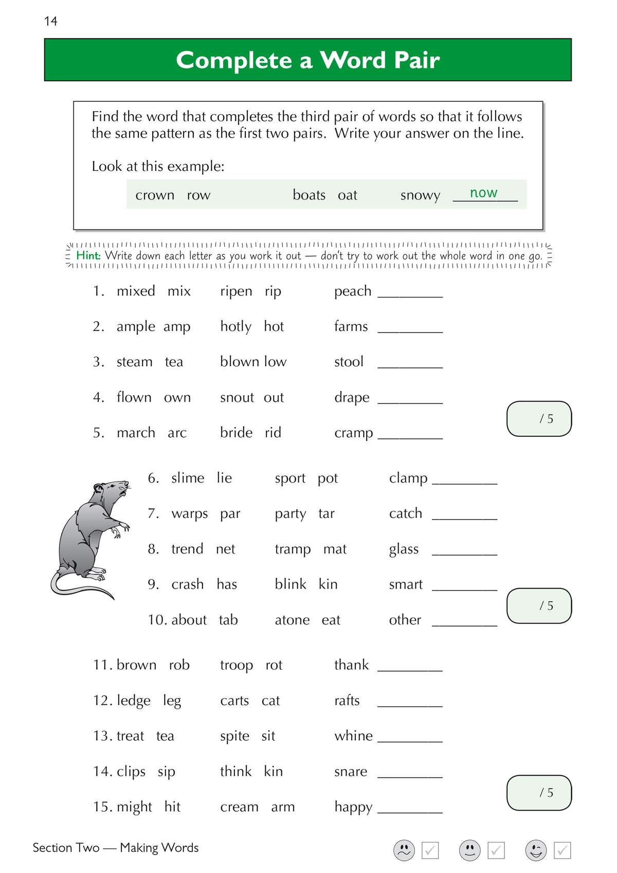 Children complete 15 word pairs by finding the missing word that follows the pattern, building verbal reasoning skills