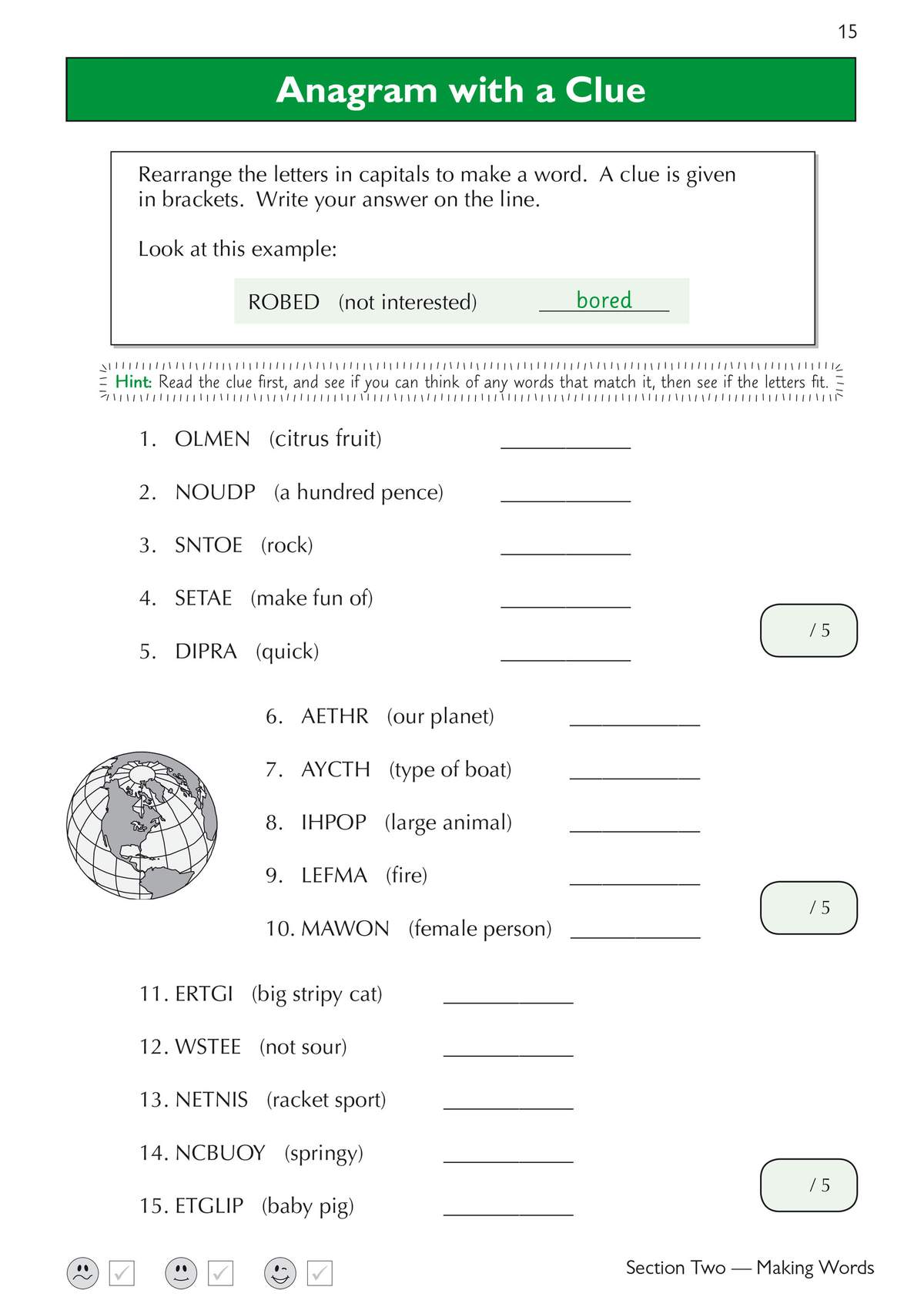 Children rearrange scrambled letters to form words using clues, with a globe illustration and self-assessment faces