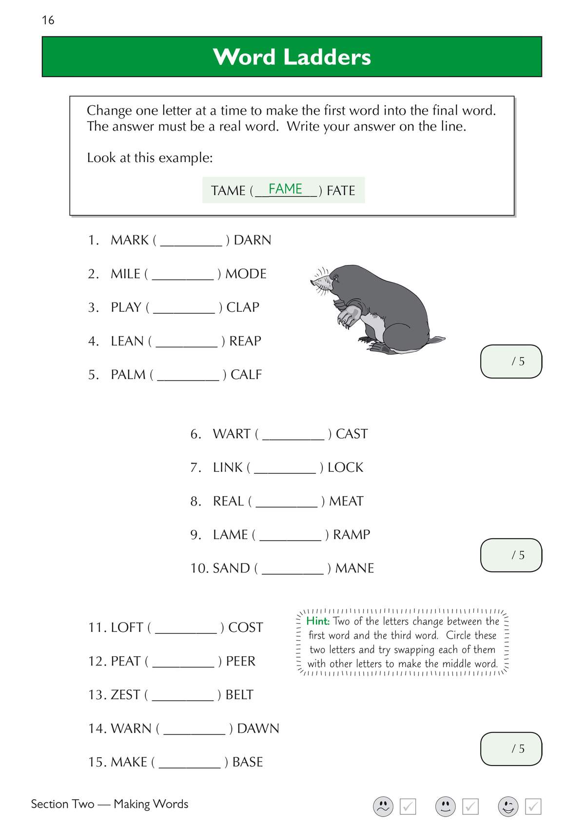Children change one letter at a time to turn starting words into final words, using a hint to circle letters that change