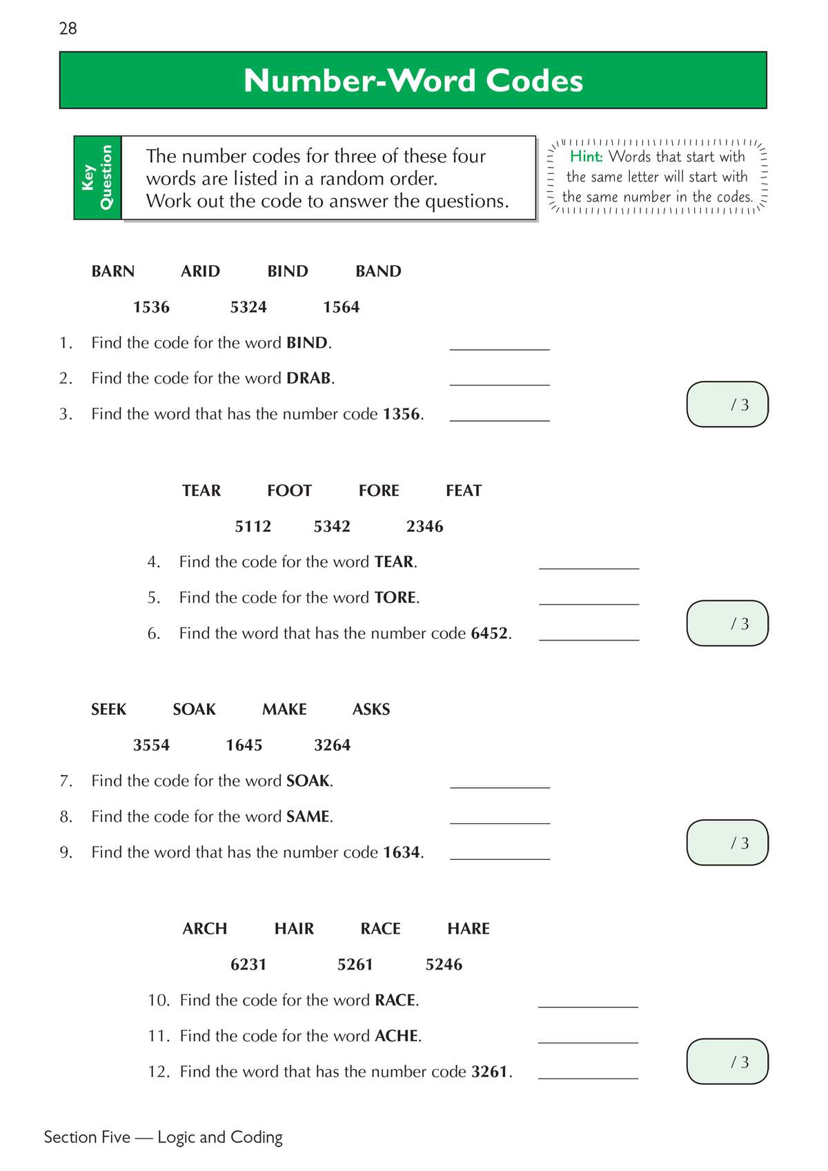 Twelve questions where children decode words from number patterns and find codes for new words