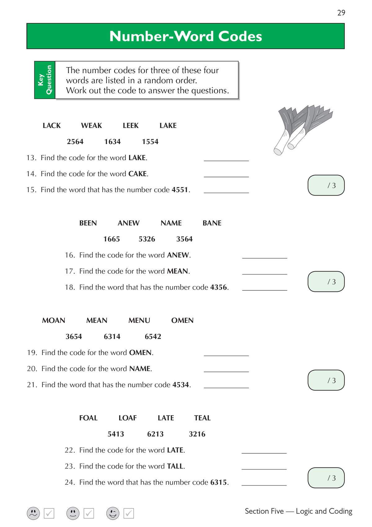 Children decode letter-to-number patterns to find missing codes and words, building logical reasoning skills