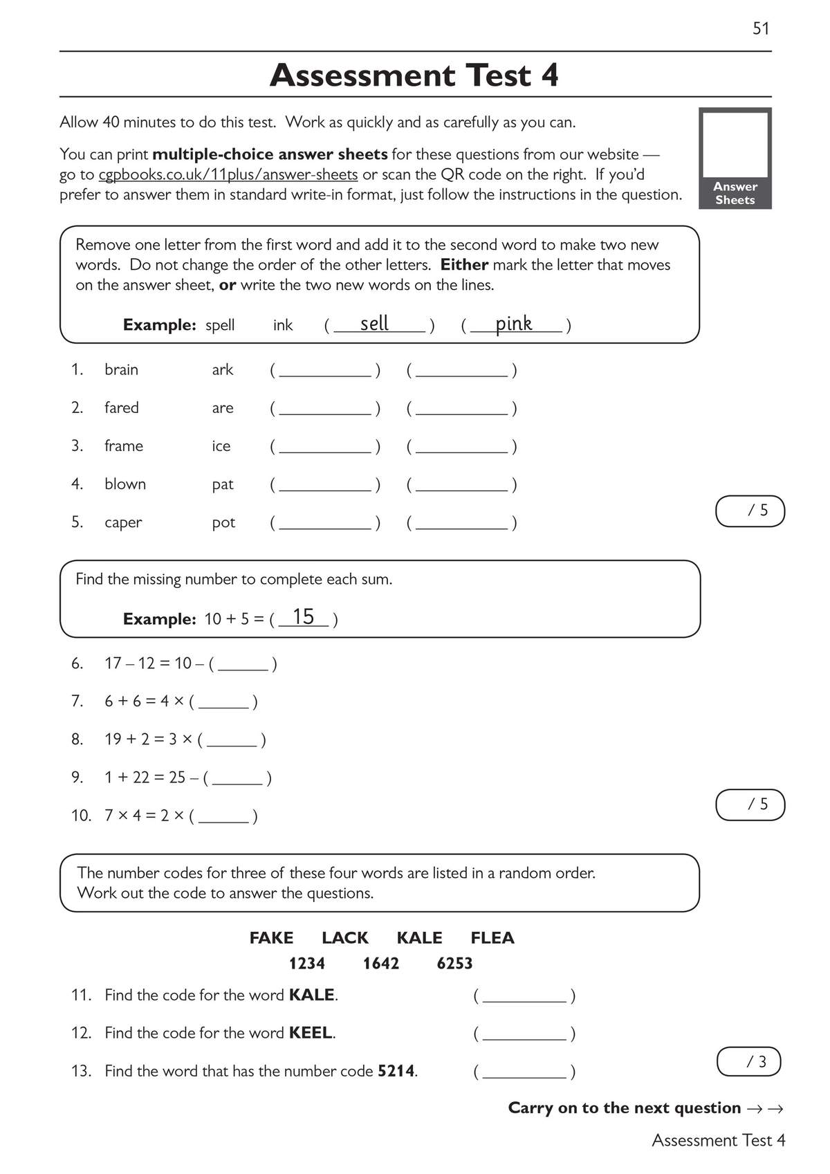 A timed verbal reasoning test with word puzzles, missing number sums, and code-breaking questions