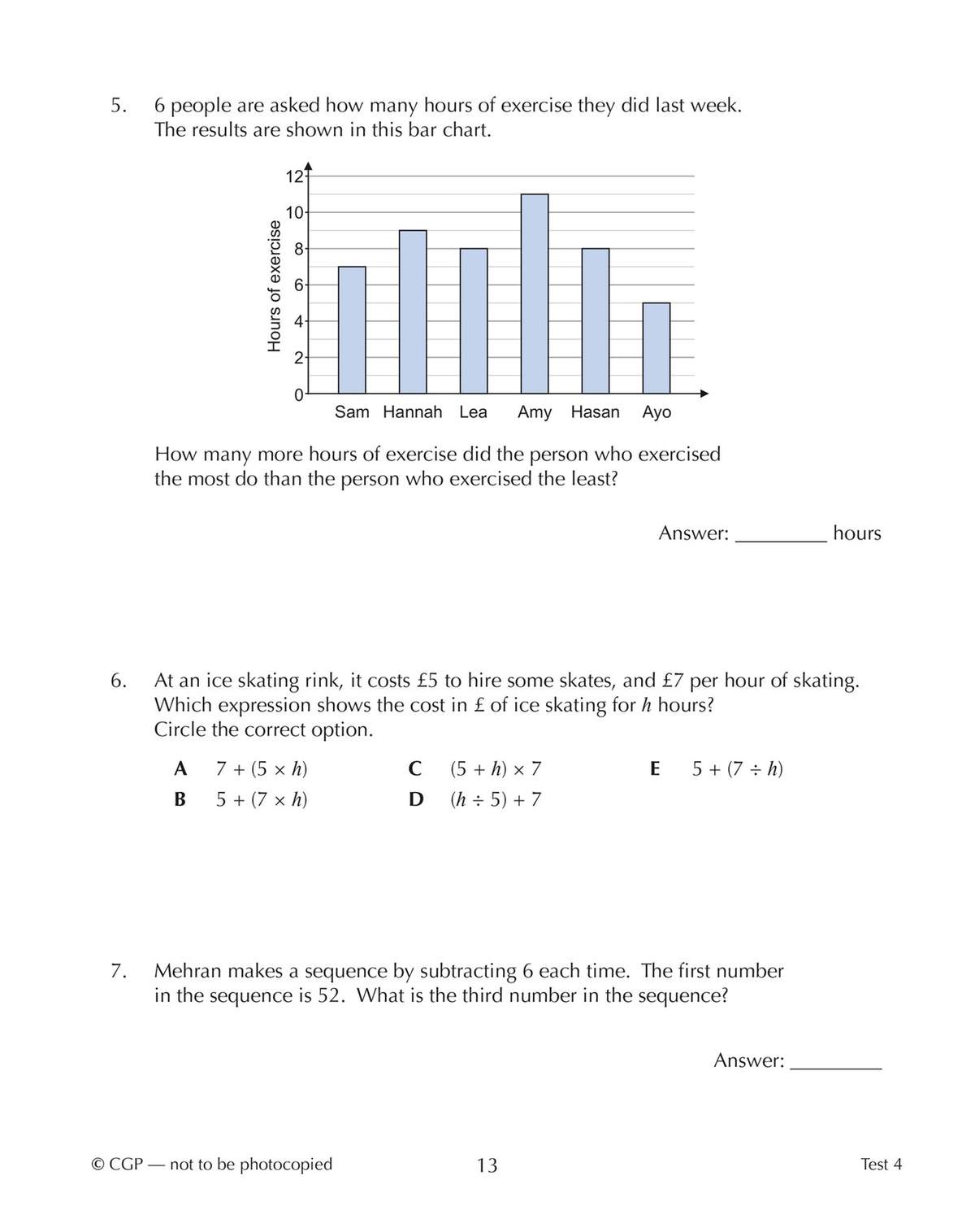 Three word problems involving bar charts, algebraic expressions, and number sequences, with space to write answers