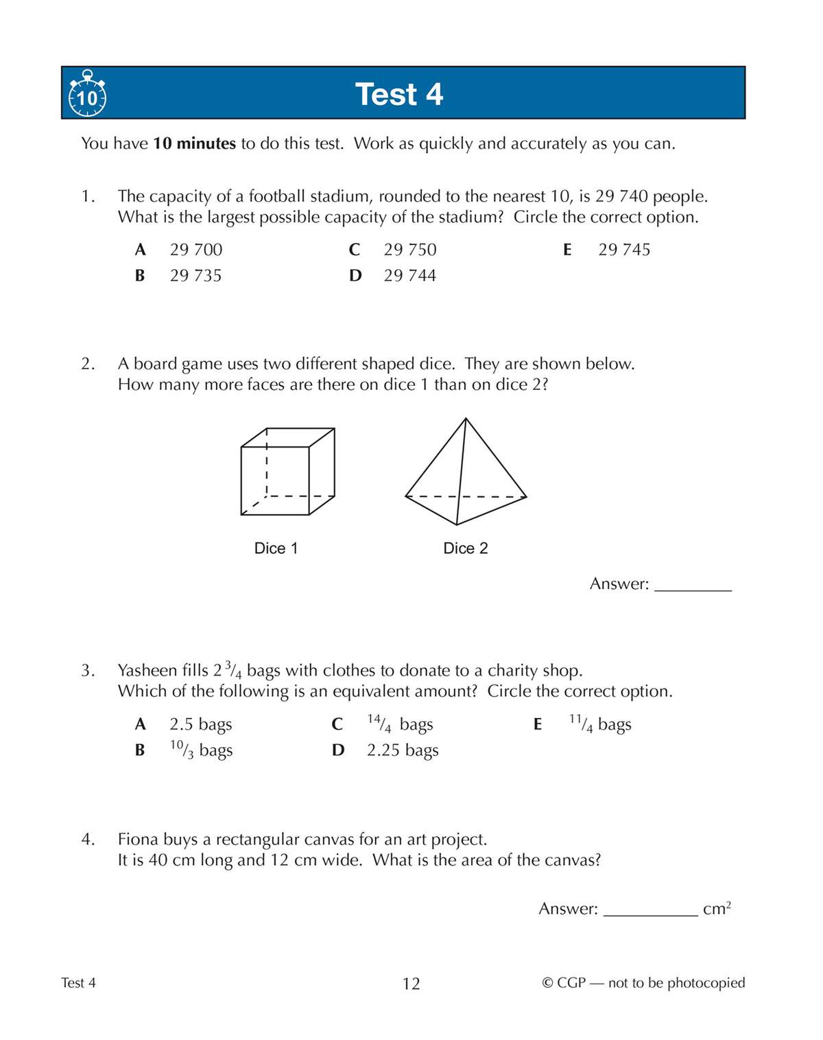 Four timed questions on rounding, geometry, fractions and area, with multiple choice and short answer formats