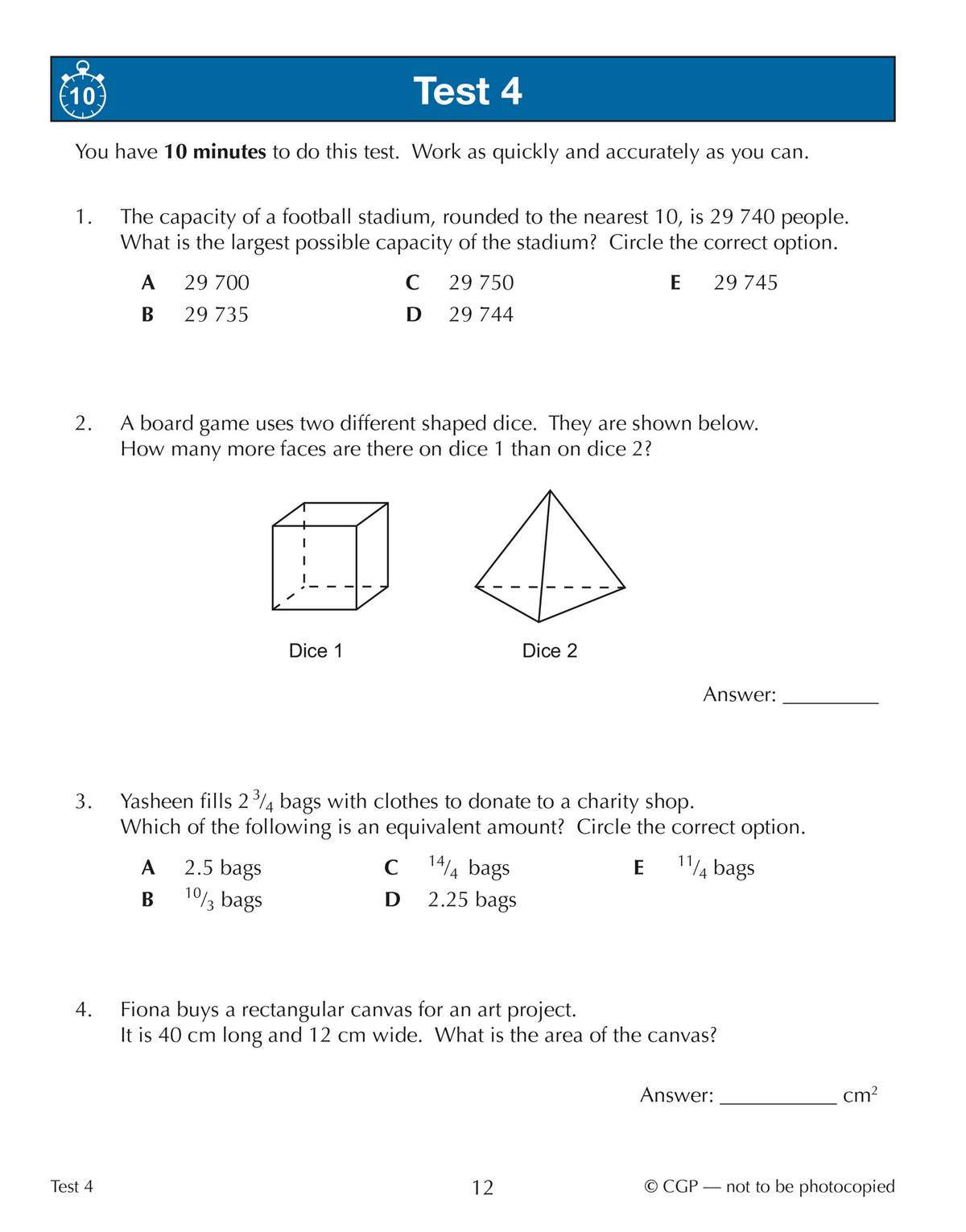 A timed test with four questions covering rounding, geometry, fractions, and area
