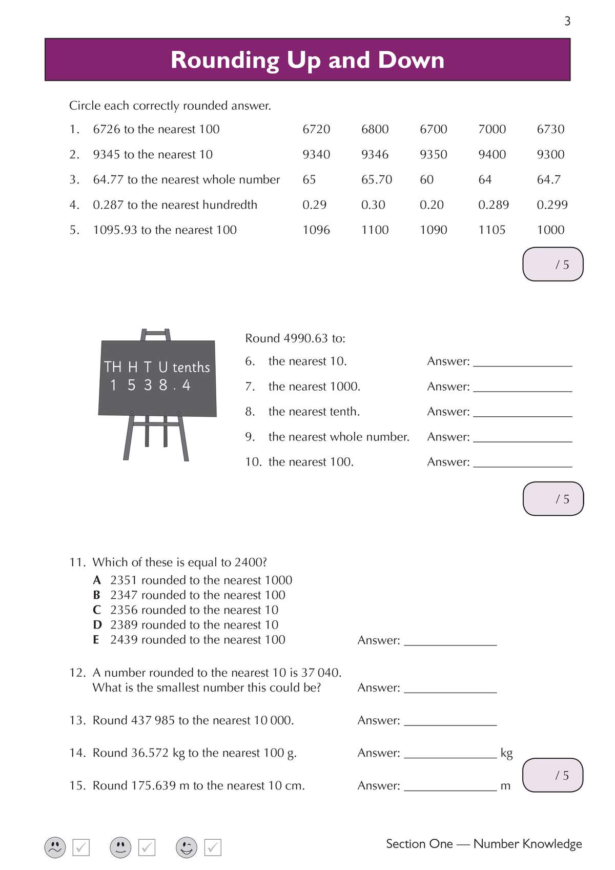 Children circle correct rounded answers, fill in blanks for larger numbers, and solve multiple-choice questions on rounding