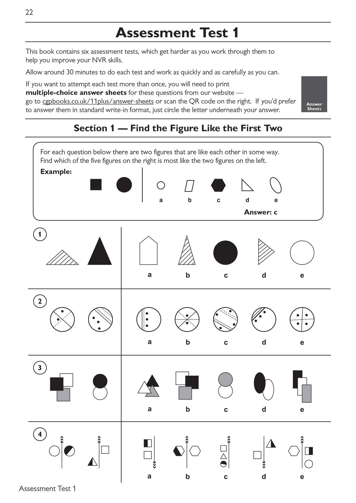 Four non-verbal reasoning questions where pupils find the matching shape from five options