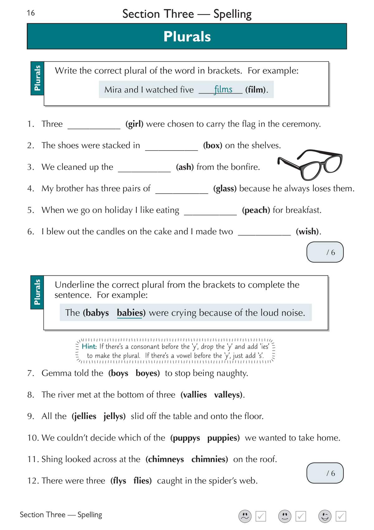 Twelve spelling questions on plural nouns, with fill-in-the-blanks and underlining tasks to practise common rules