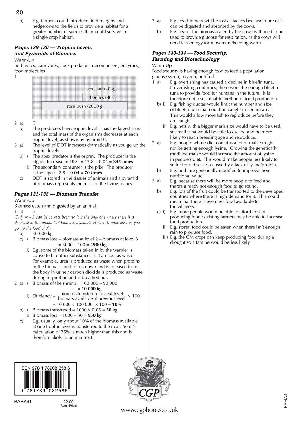 Full worked solutions for biology questions on trophic levels, biomass transfer and food security, with marks awarded