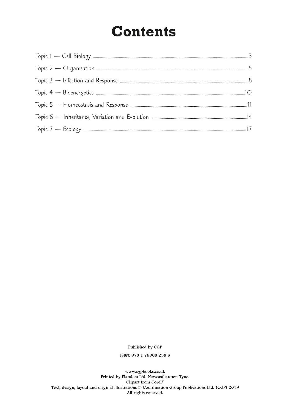 A contents page listing seven biology topics with their starting page numbers, plus publisher details at the bottom