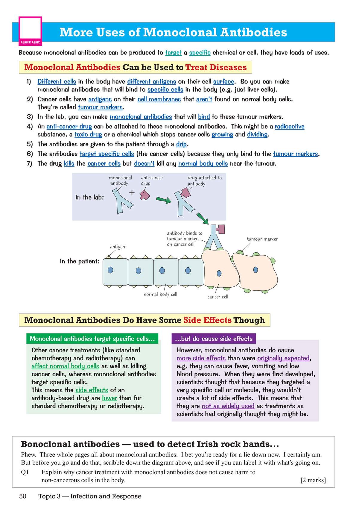 A page explaining how monoclonal antibodies treat cancer, with diagrams of the process and a short question to check