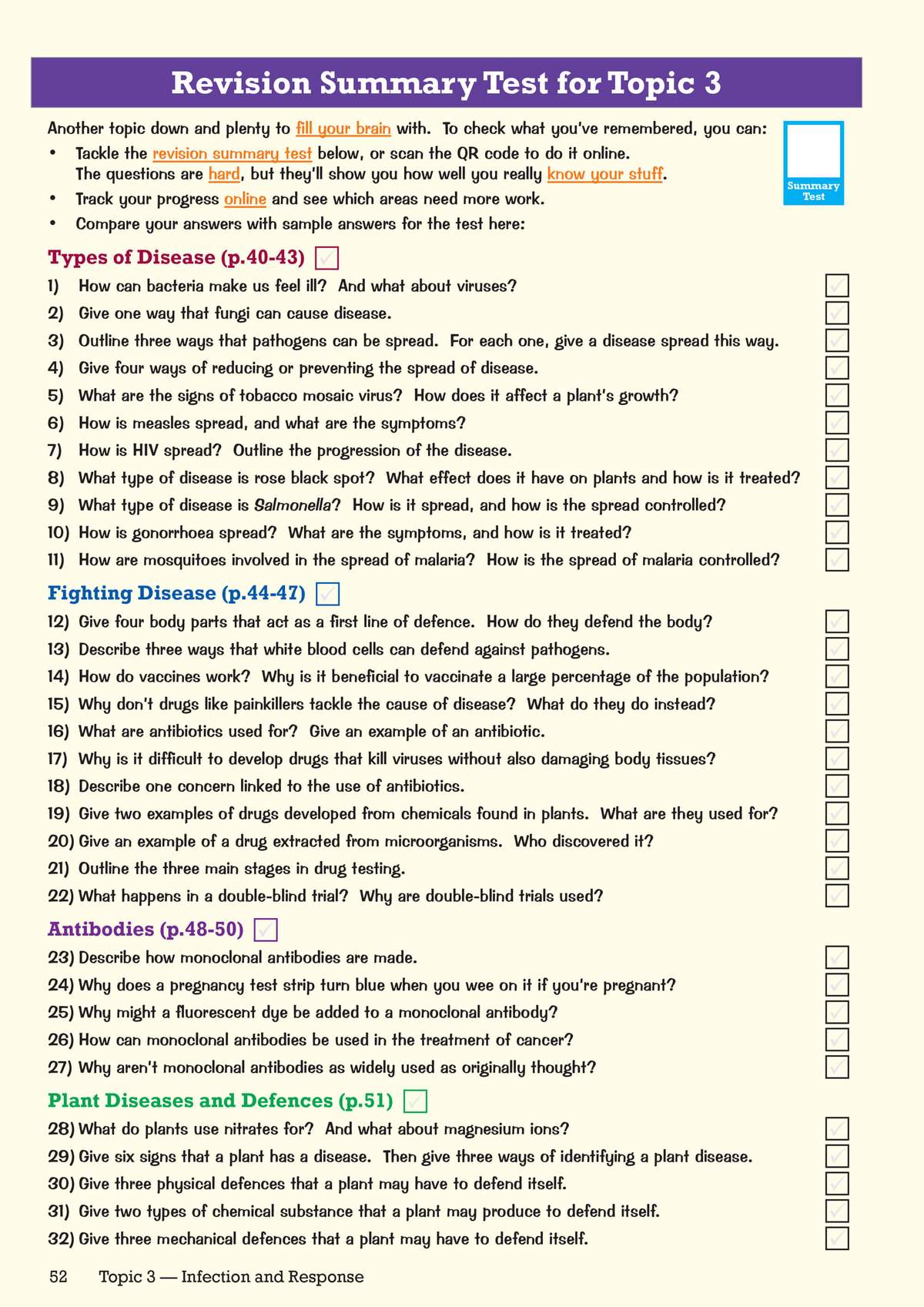 A revision test with 32 short-answer questions on disease, immunity and plant defences