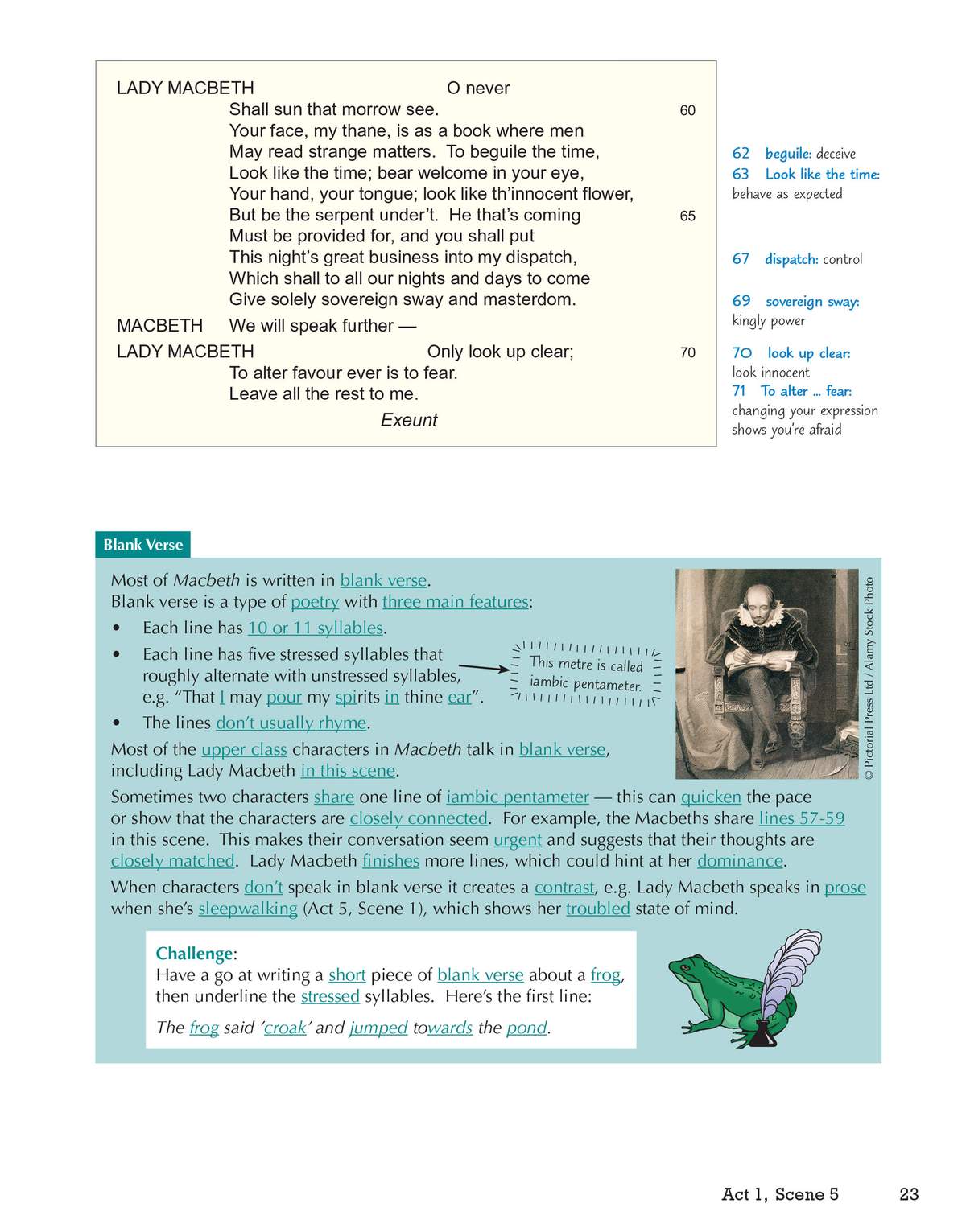 A page explaining blank verse in Macbeth with a challenge to write a short piece and underline stressed syllables