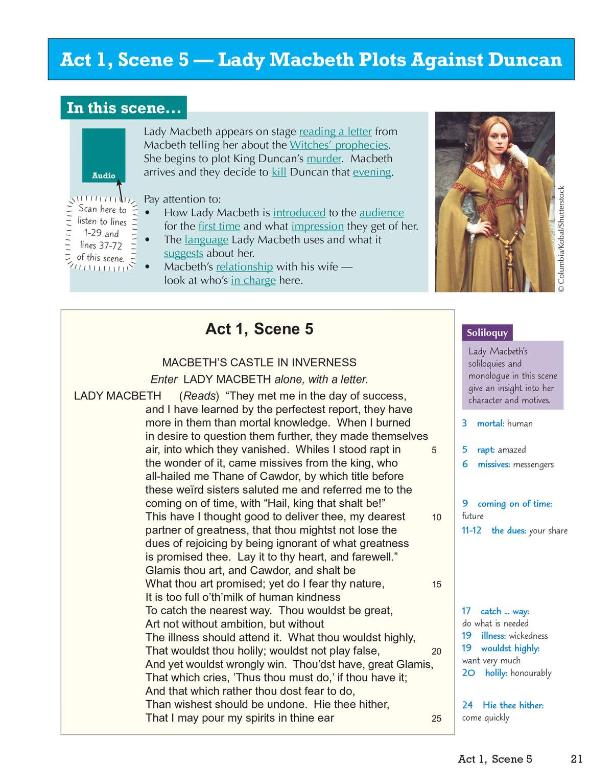 A page introducing Act 1, Scene 5 of Macbeth with the full text of Lady Macbeth's soliloquy, key points to note
