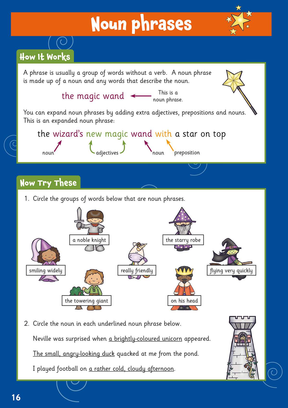 Children circle noun phrases among cartoon characters, then identify the noun in underlined sentences