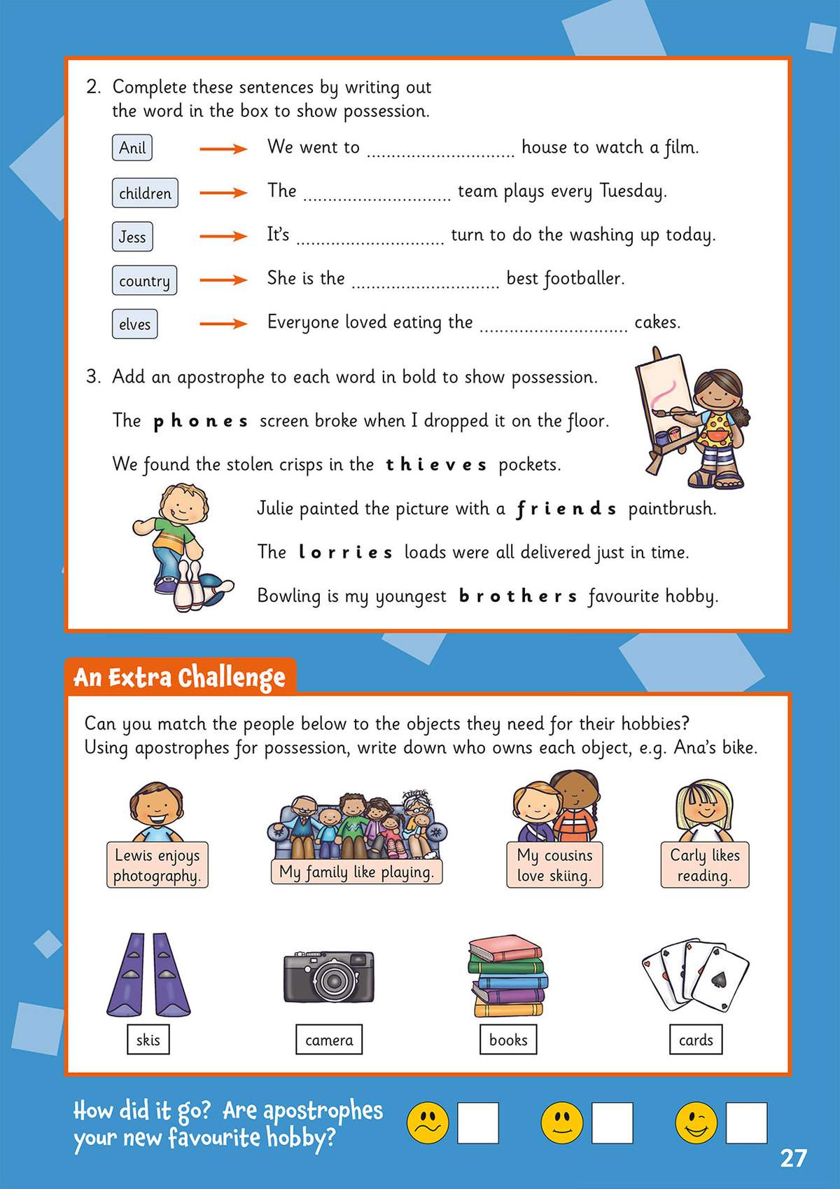 Children complete sentences with possessive apostrophes, match people to hobby objects