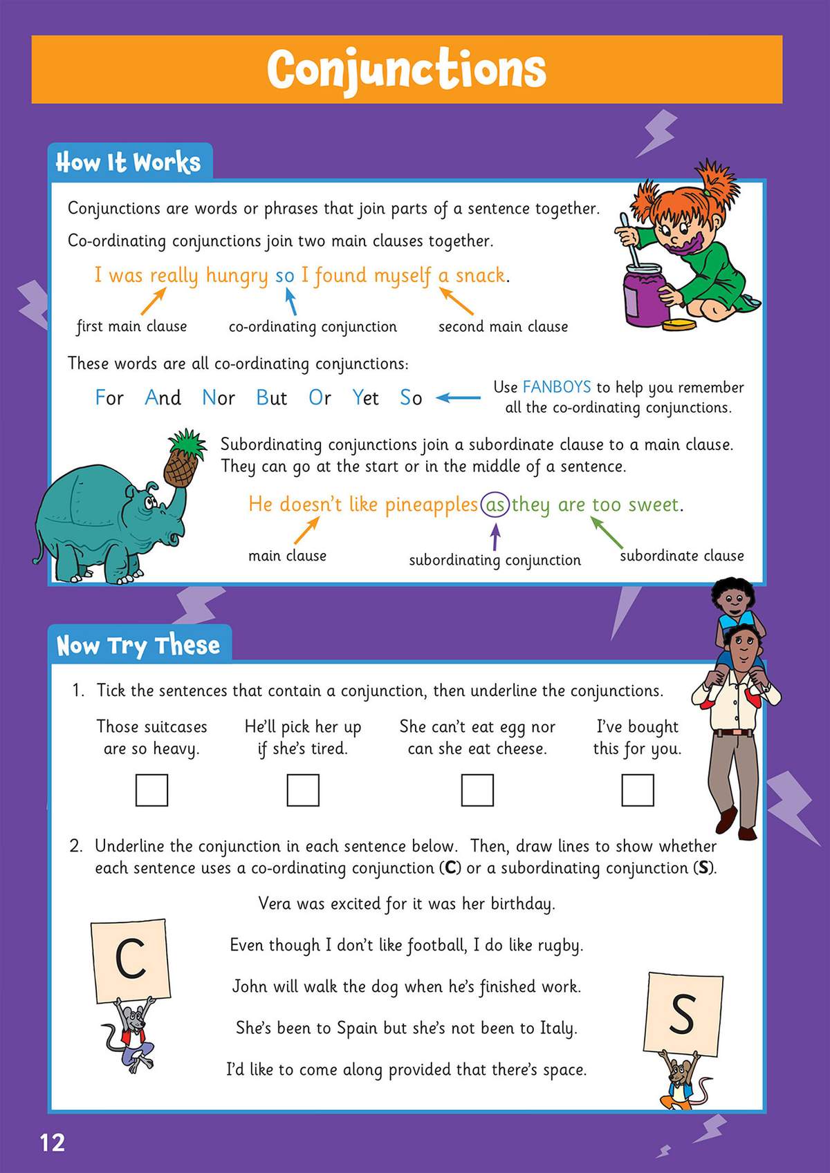 Children tick sentences with conjunctions, underline them, and draw lines to classify them as co-ordinating or subordinating