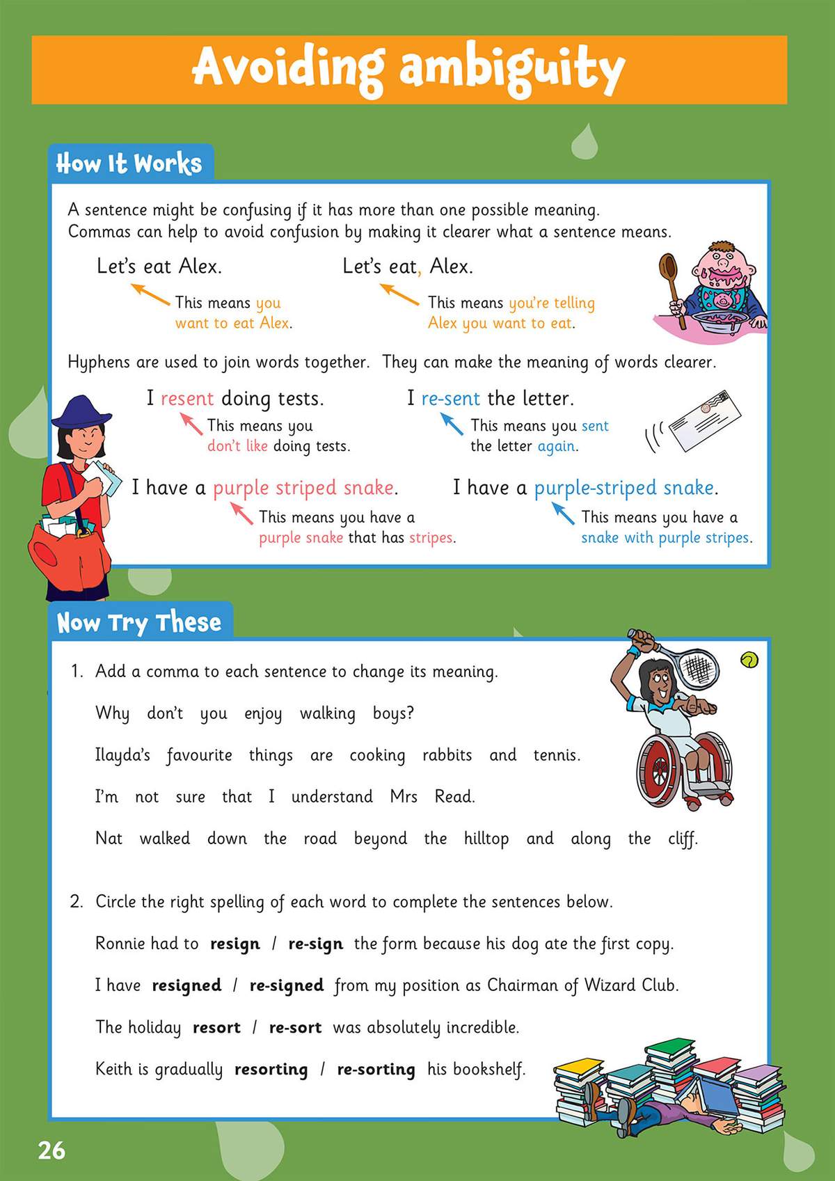 Children add commas and circle correct spellings to fix confusing sentences, learning how punctuation changes meaning