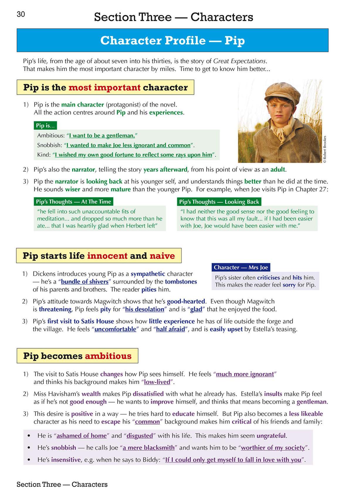 Revision notes on Pip's character arc, including his traits, thoughts, and development from innocent to ambitious
