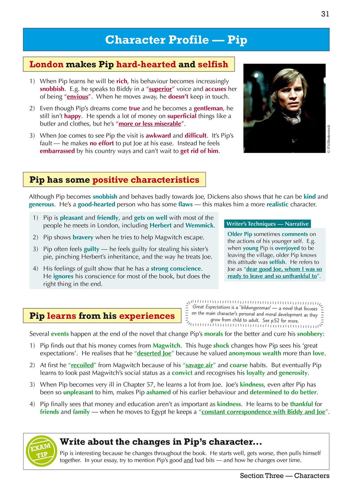 A detailed breakdown of Pip's character arc, including his flaws, positive traits, and growth