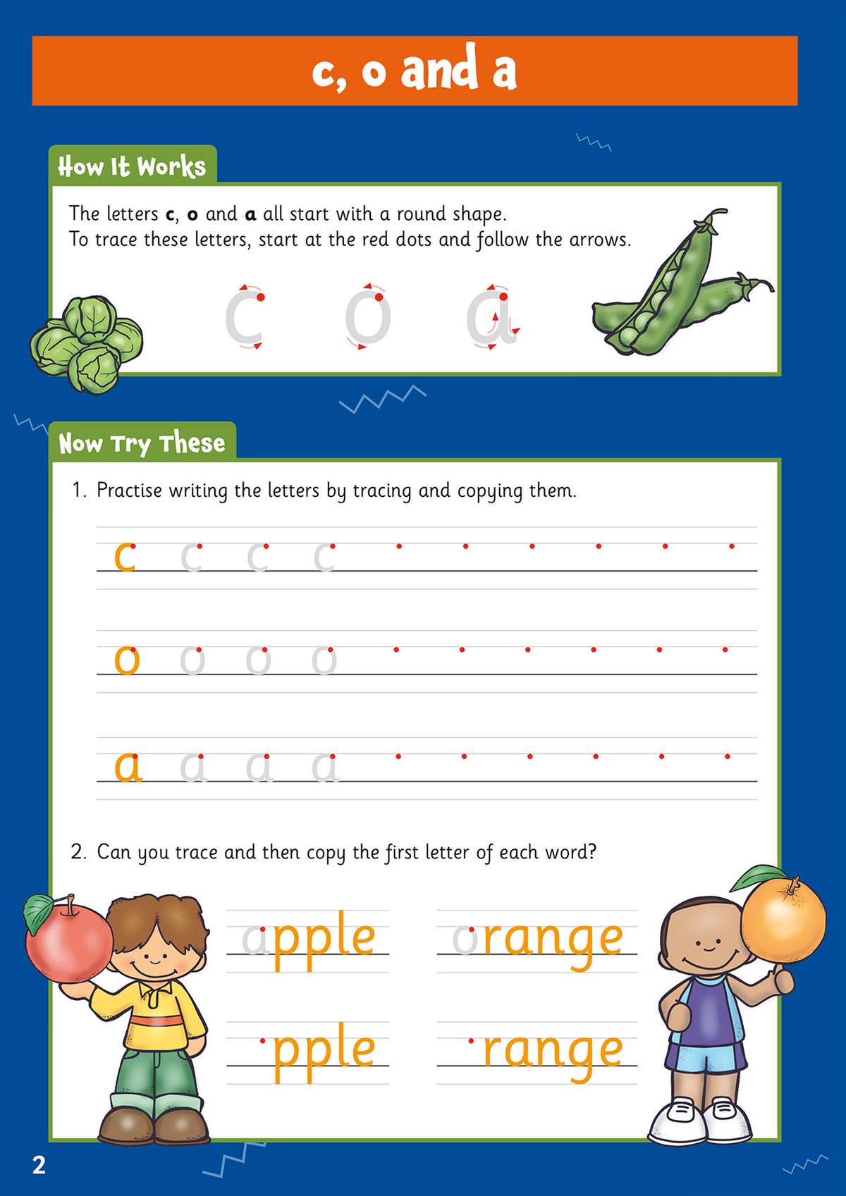 Children trace and copy the letters c, o and a, then complete words by filling in the missing first letter