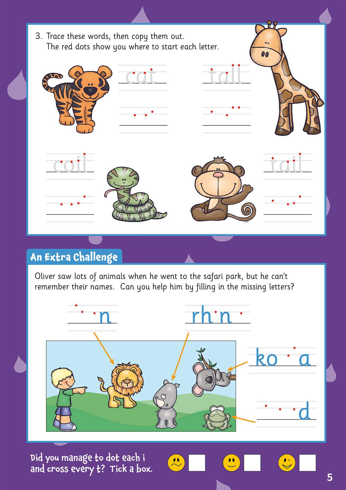 Children trace words with red dots, then copy them out, and complete a safari-themed challenge by filling in missing letters