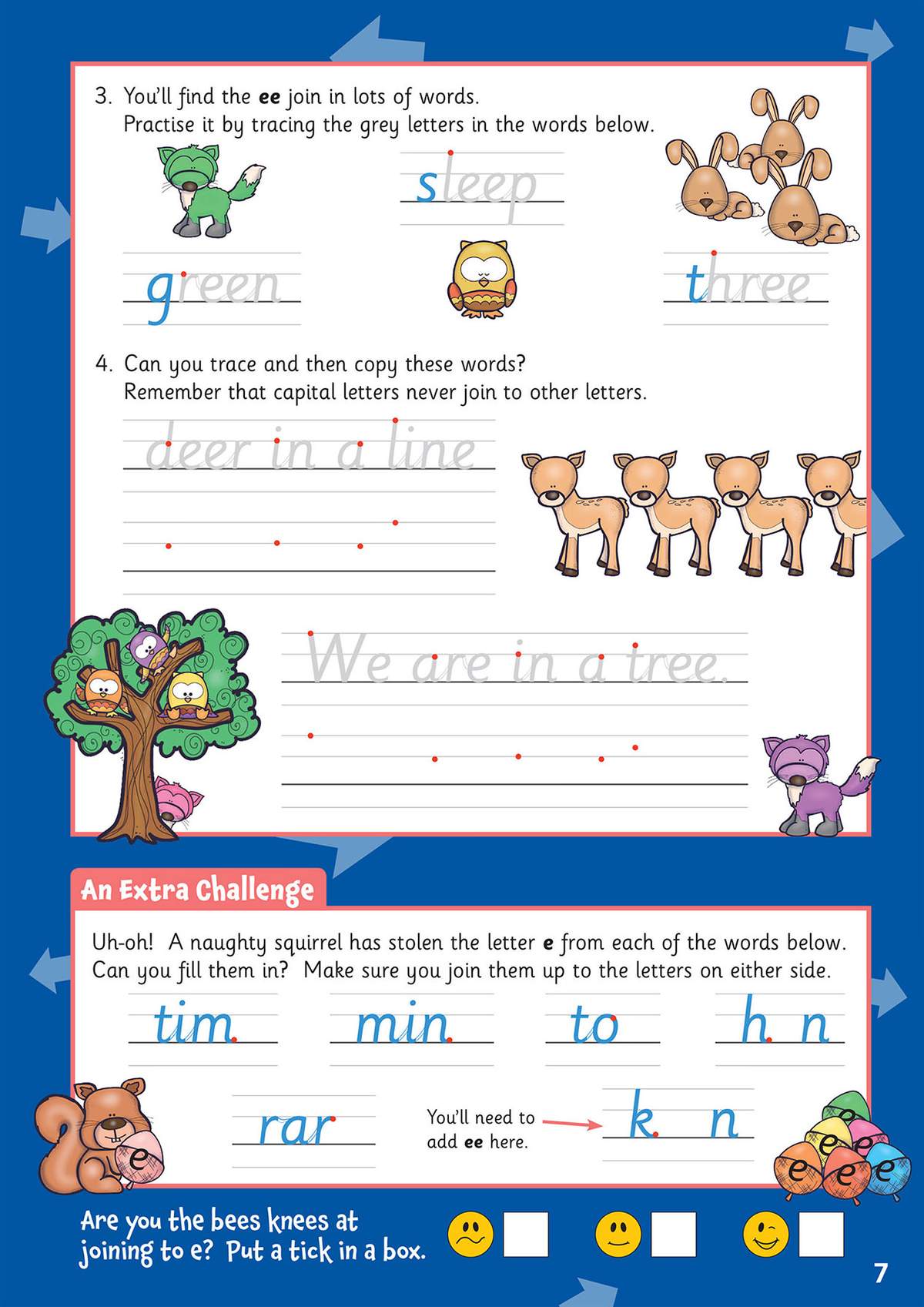 Children trace words with the 'ee' sound, copy sentences, fill in missing letters and tick a face to self-assess