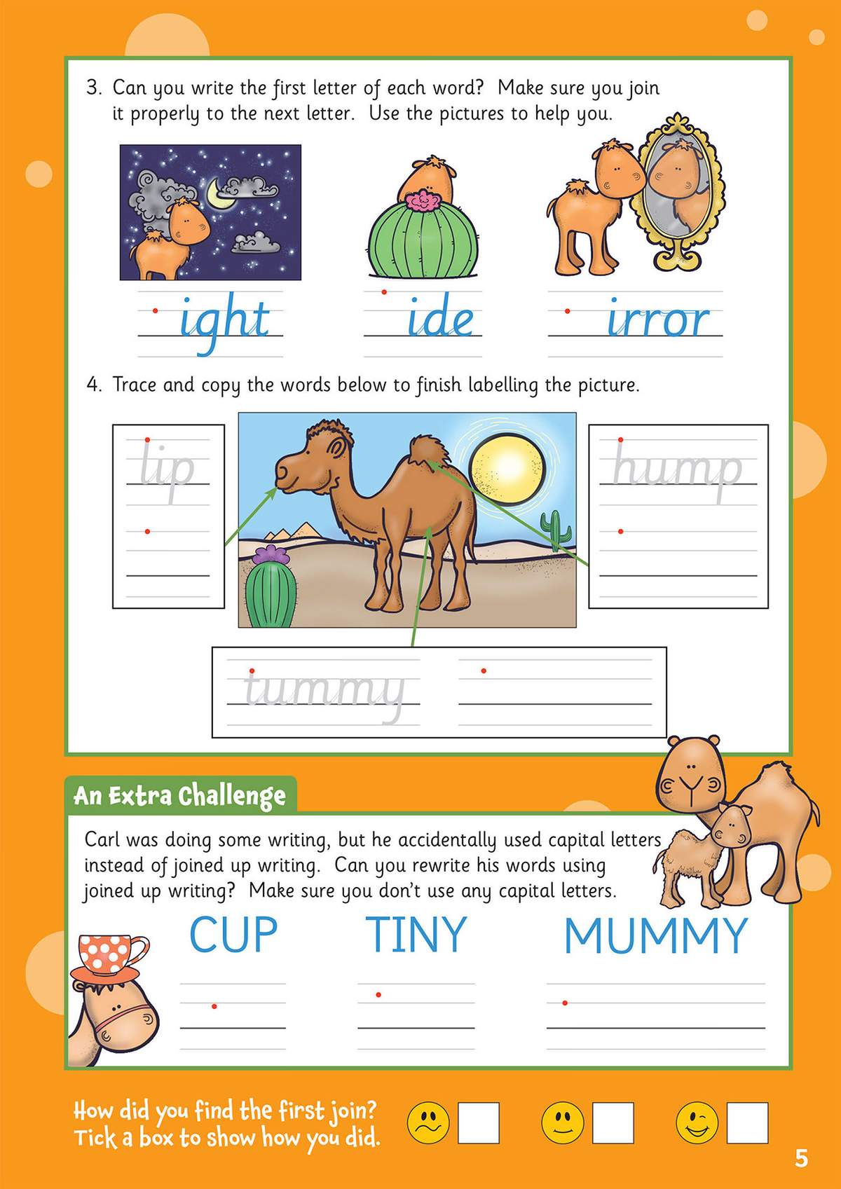 Children trace and write words to practise joined-up letters, then rewrite a short text without capitals and tick a face