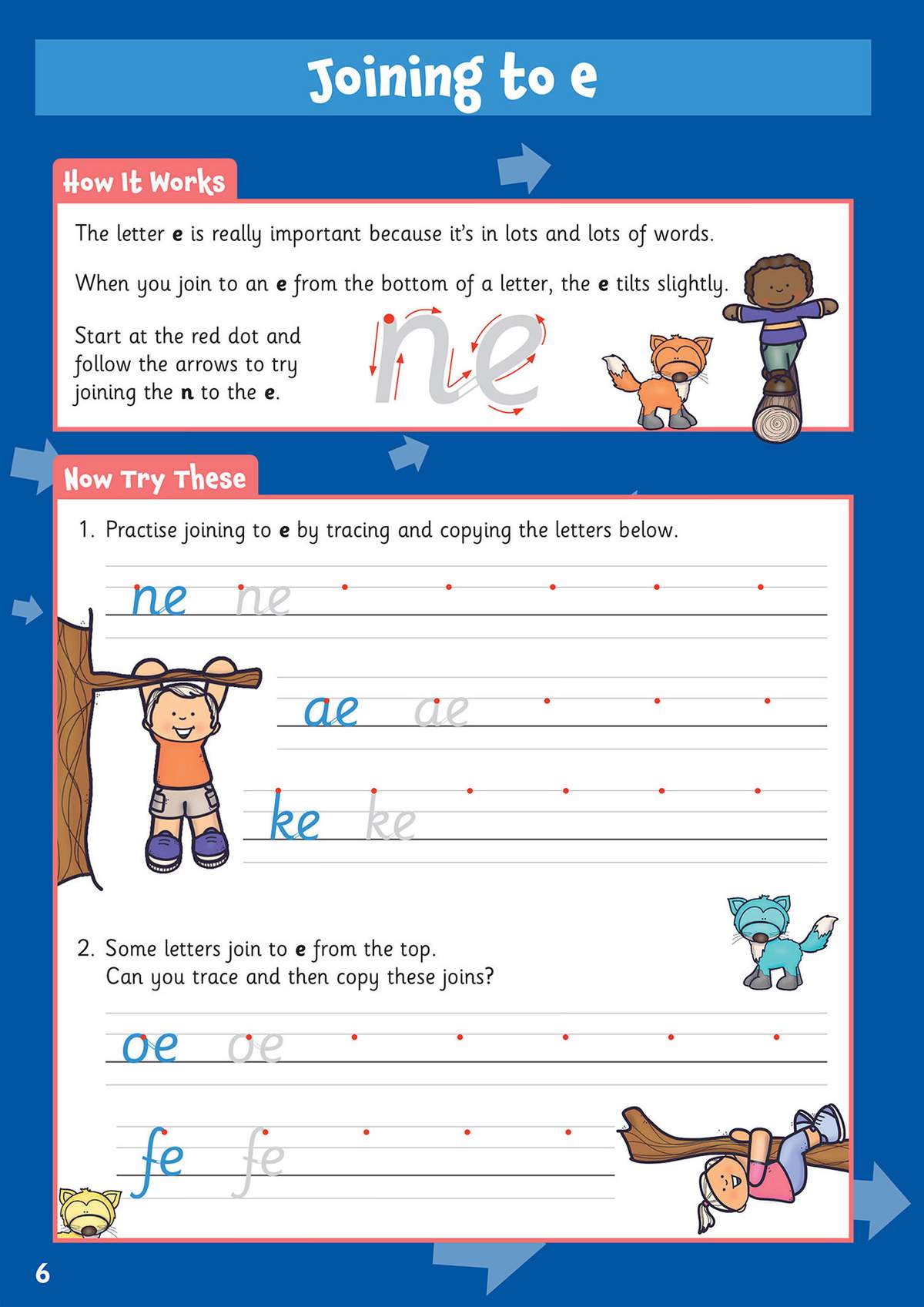 Children trace and copy letter joins to 'e', practising neat handwriting with cartoon animals