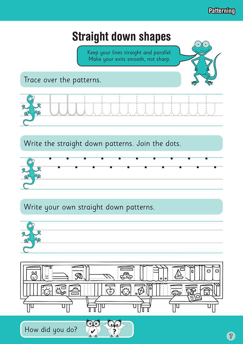Children trace patterns, join dots, and draw their own straight lines, building pencil control for neat writing