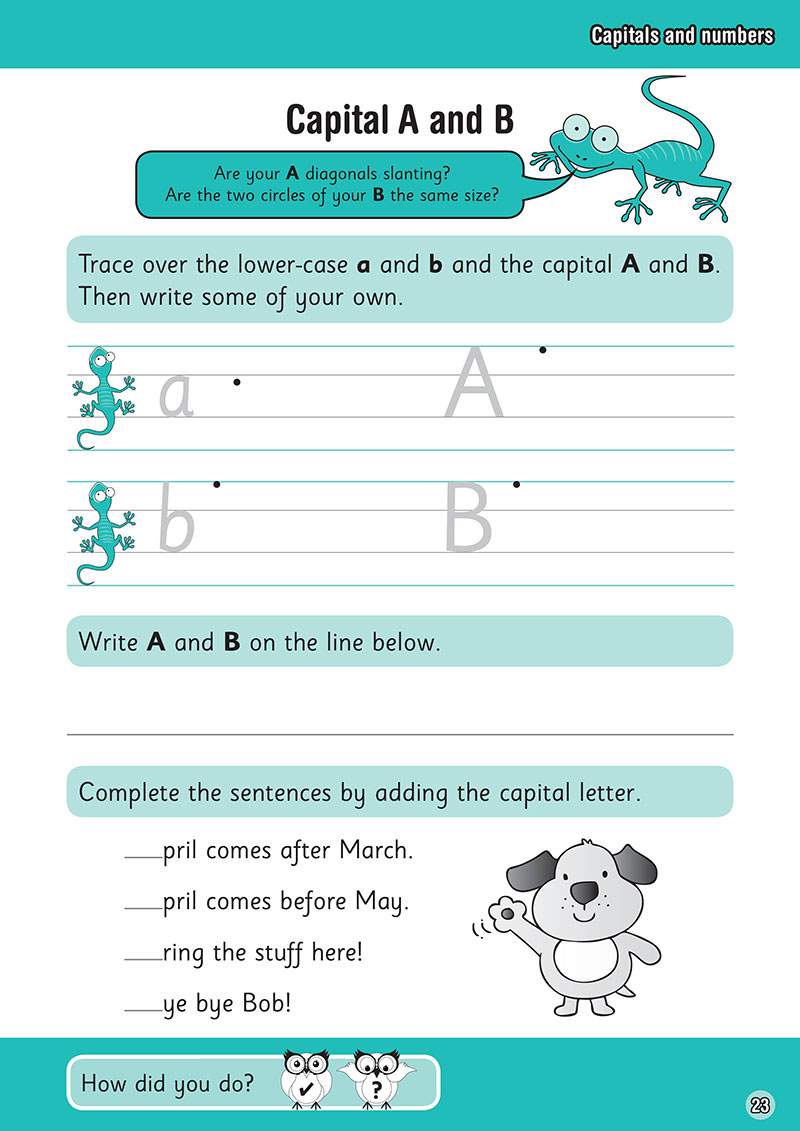Children trace and write capital A and B, then complete sentences by adding the correct capital letter