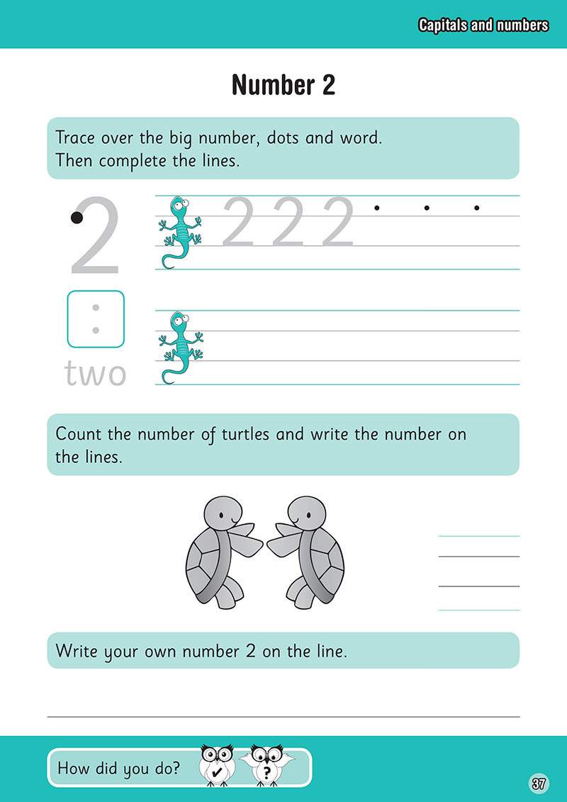 Children trace the number 2, count two turtles, and write the number themselves to practise handwriting