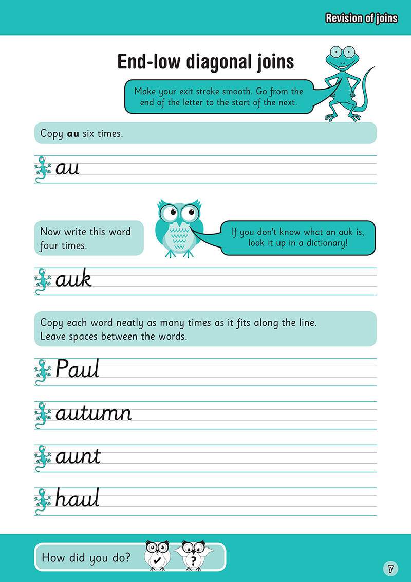 Children copy words containing the 'au' digraph to practise smooth, diagonal joins between letters