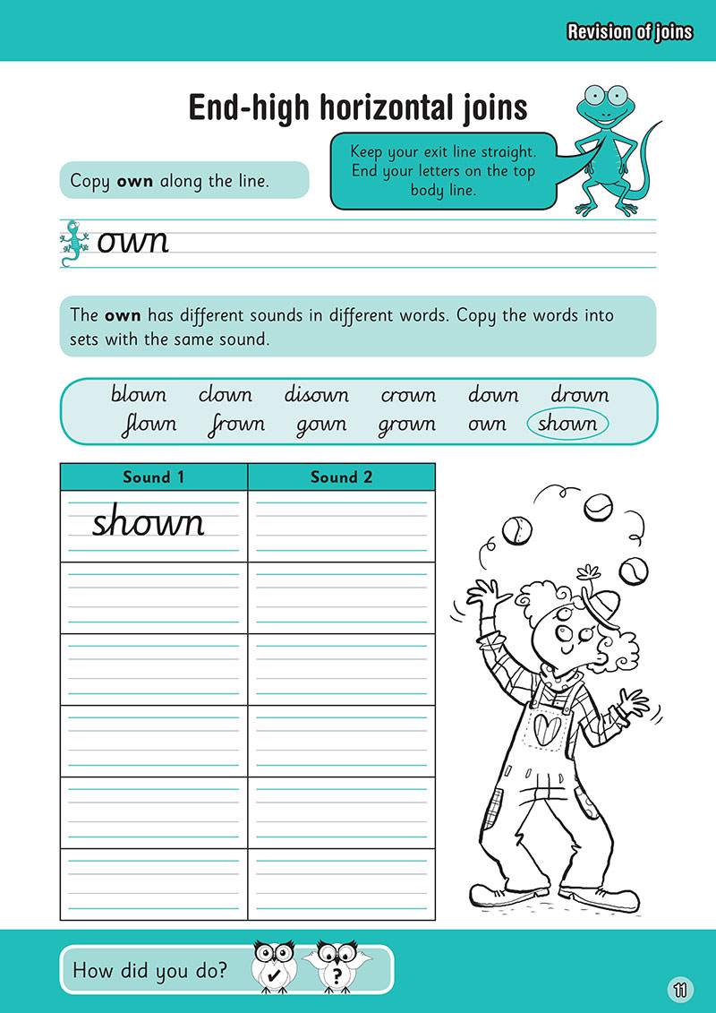 Children copy the word 'own' and sort other words into two columns based on their sound